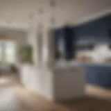 Elegant navy kitchen with white countertops