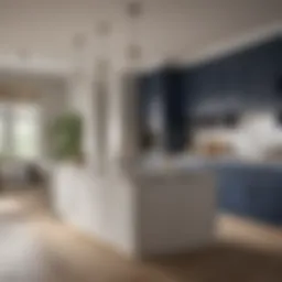 Elegant navy kitchen with white countertops