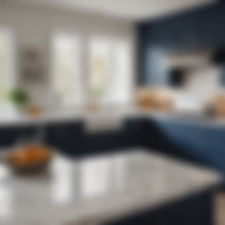 Navy cabinets complementing white marble countertops