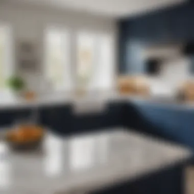Navy Cabinets with Stunning White Marble Navy cabinets complementing white marble countertops