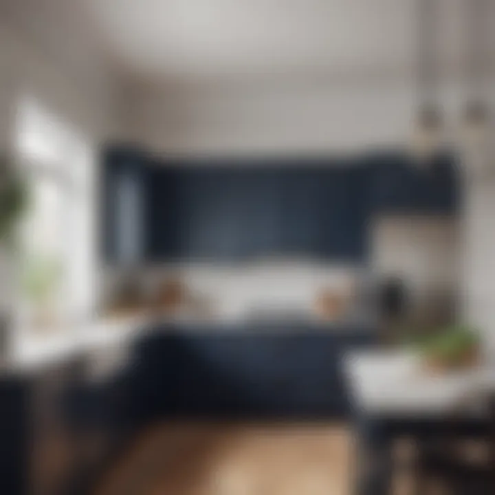 Stylish kitchen showcasing navy and white decor elements