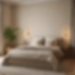 A serene bedroom featuring soft beige walls and cozy linens.