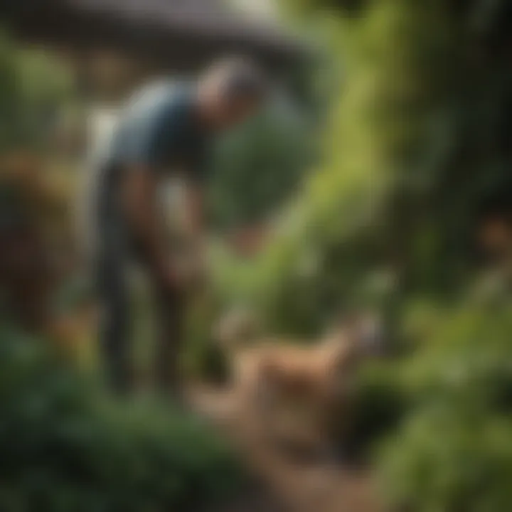 Gardener tending to non-toxic plants in a dog-friendly environment