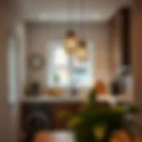 Elegant pendant lights illuminating a small kitchen