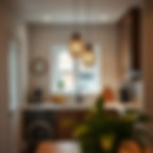 Elegant pendant lights illuminating a small kitchen
