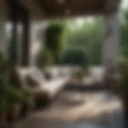 Stylish patio set on a small porch with decorative cushions