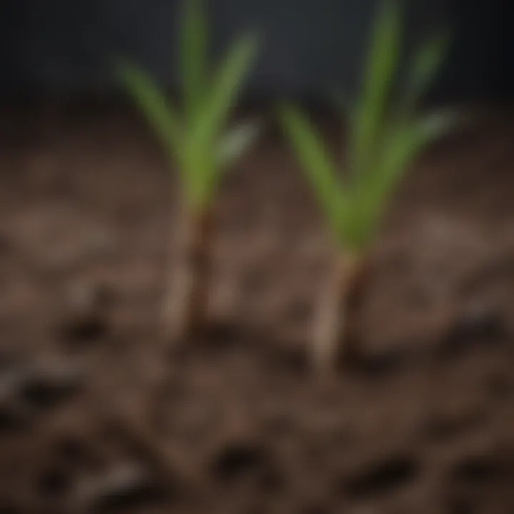 Close-up of bamboo shoots emerging from the ground, illustrating growth stages