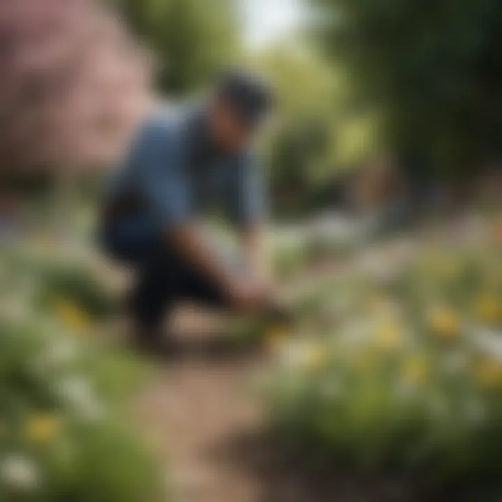 Gardener tending to blooming flowers in a spring garden