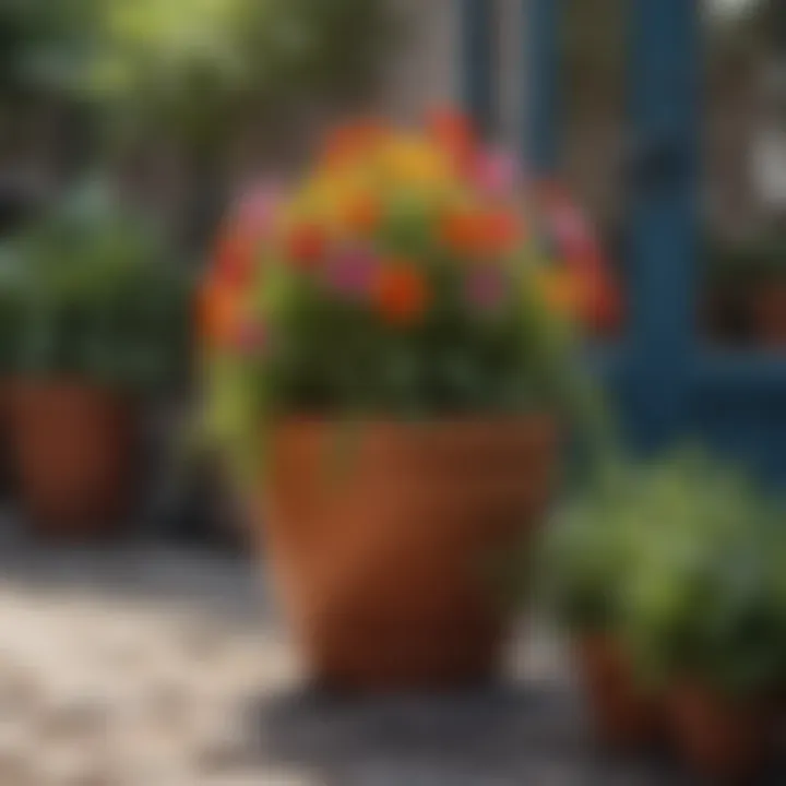 A range of colorful flowers in pots arranged on a patio