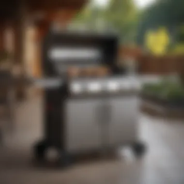 A modern gas grill with wheels showcased in an outdoor setting