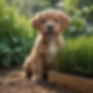 A puppy using a grass box for relief in a garden