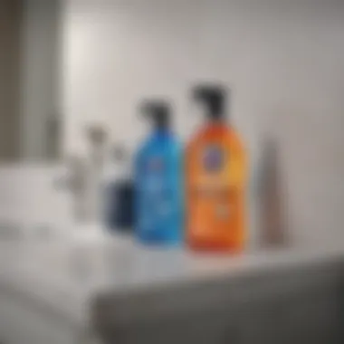 Cleaning Agents for Hard Water Stains Various cleaning agents for hard water stains displayed on a bathroom counter
