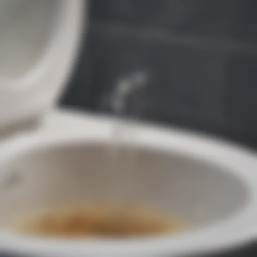 Close-up view of hard water stains in a toilet bowl