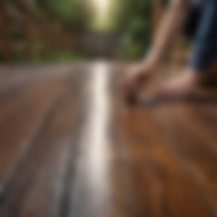 Application of stain on the wooden deck surface