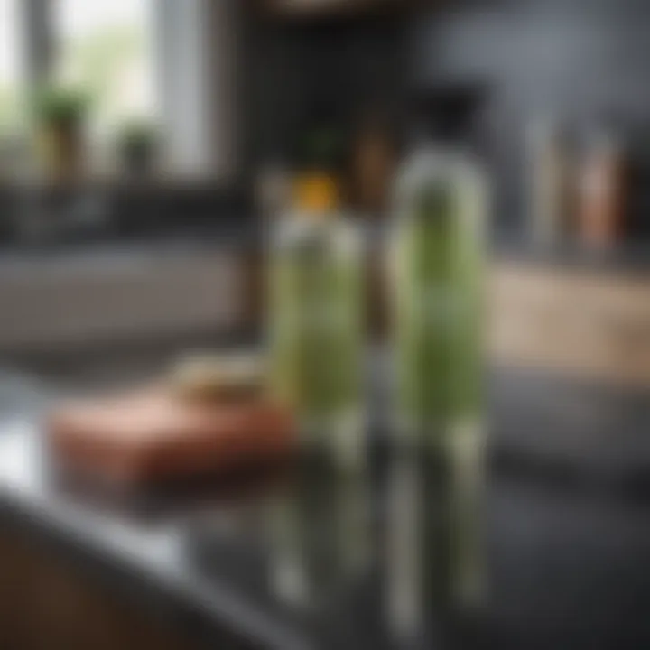 A set of eco-friendly cleaning products next to a granite countertop