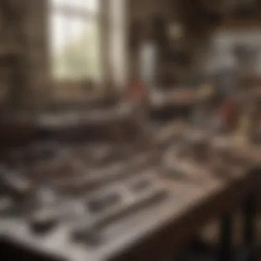 Tools and materials essential for iron railing restoration laid out on a workbench