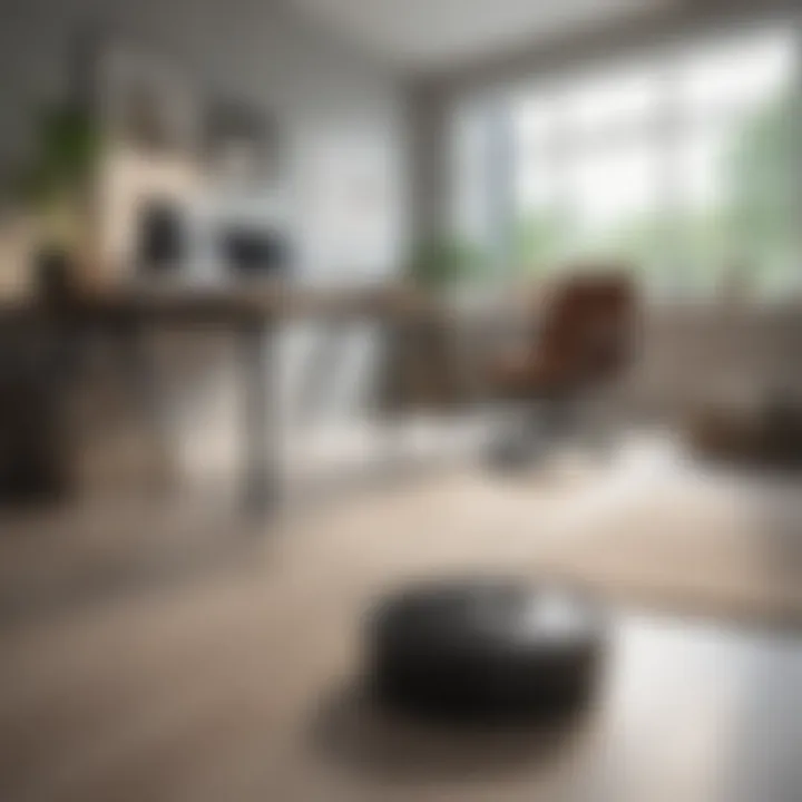 A minimalist home office with a Roomba seamlessly blending in