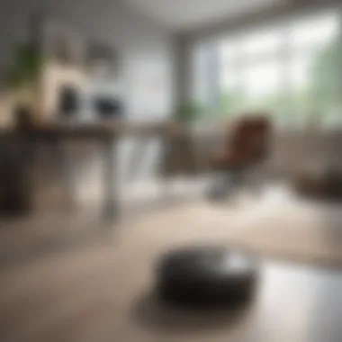 Blending Technology and Design in a Workspace A minimalist home office with a Roomba seamlessly blending in