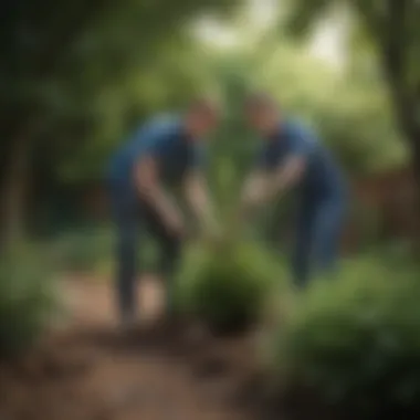 A homeowner planting a tree in a garden