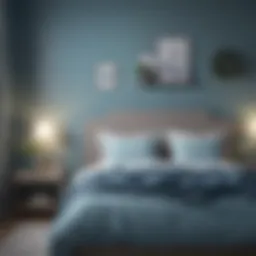 A tranquil bedroom with soft blue walls and calming decor