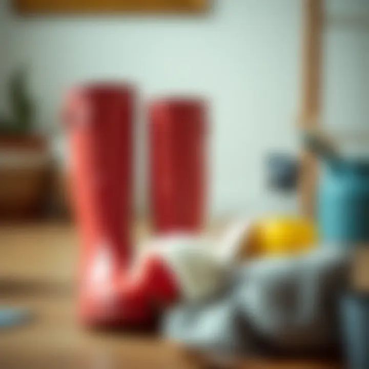 Care Tips for Short Wellington Boots Care tips for maintaining short Wellington boots, featuring cleaning accessories.