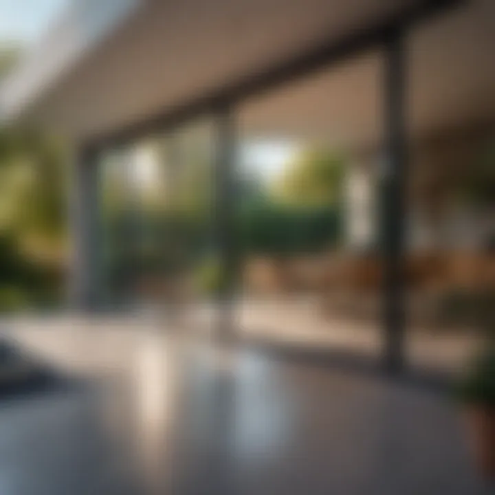 A stunning outdoor view framed by large sliding patio doors.