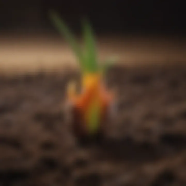 Close-up of a single tulip bulb breaking through the soil, symbolizing new growth and renewal.