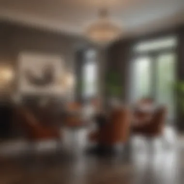 A dining area with strategically arranged furniture and ambient lighting