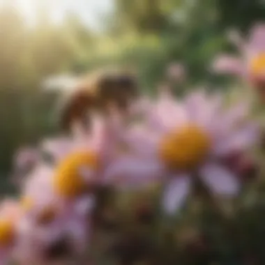 A close-up of bees pollinating flowers, showcasing their ecological role