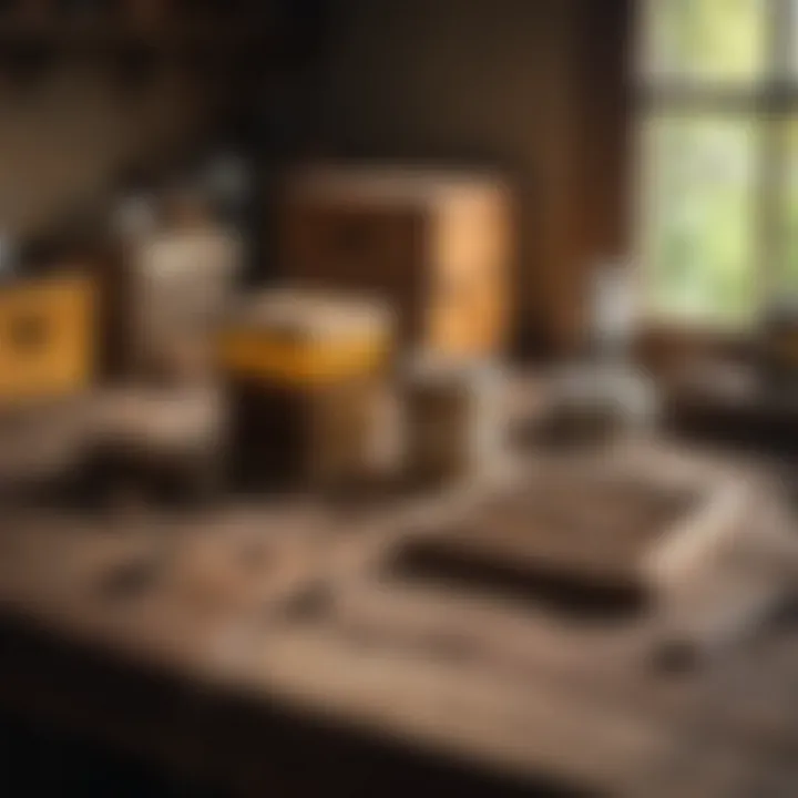 Essential beekeeping tools displayed on a rustic table