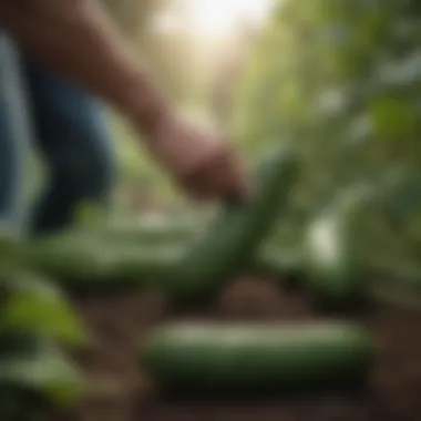 Harvesting ripe cucumbers from the vine