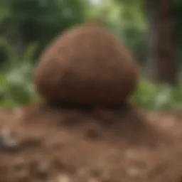A close-up view of an ant hill in a yard, showcasing its structure and activity.