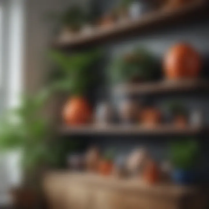 A vibrant mix of plants and ceramics enhancing shelf aesthetics