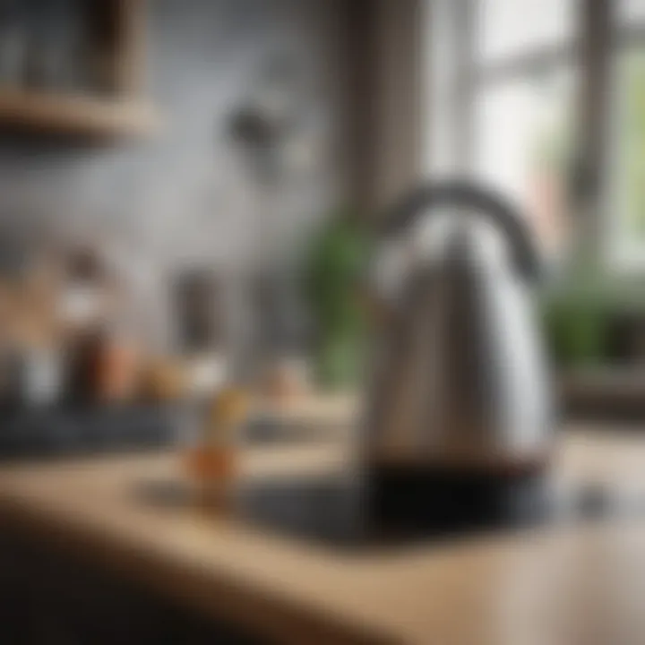 Trendy electric kettle on a countertop with decorative elements