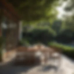 Elegant teak dining table set in a lush outdoor setting