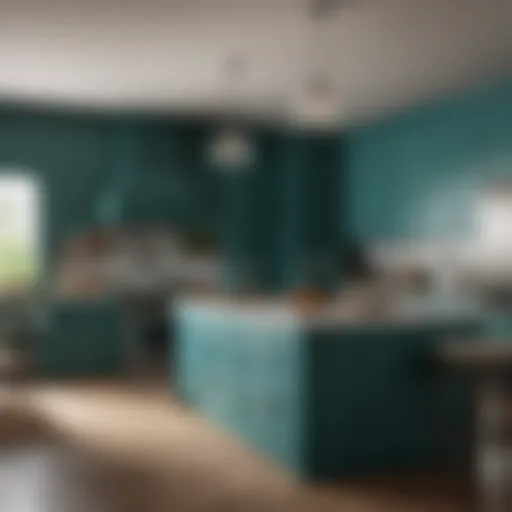Elegant teal kitchen featuring stylish cabinetry and accessories