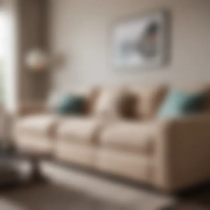 Maintenance of a long beige sofa with cleaning products