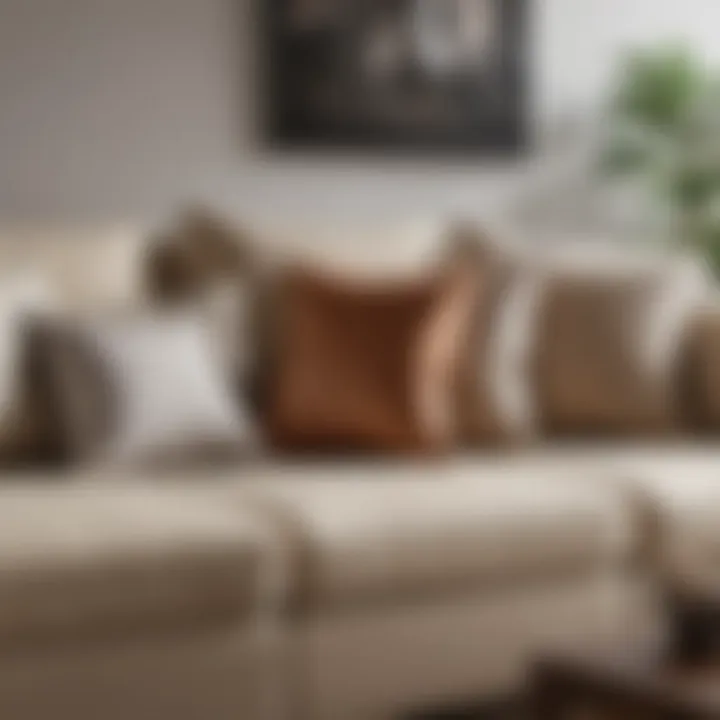 Stylish arrangement of cushions on a beige sofa