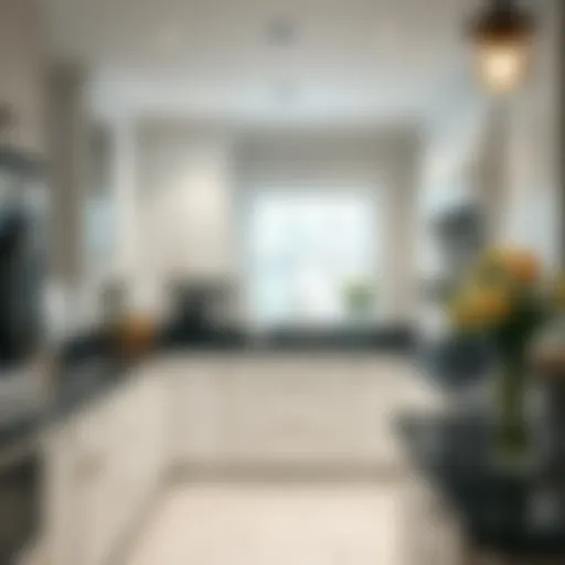 Elegant white kitchen with dark granite countertops