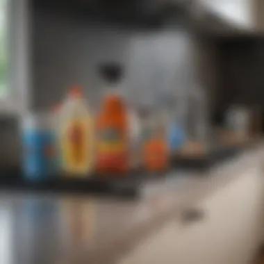 Essential Cleaning Supplies Cleaning supplies arranged neatly on a kitchen countertop