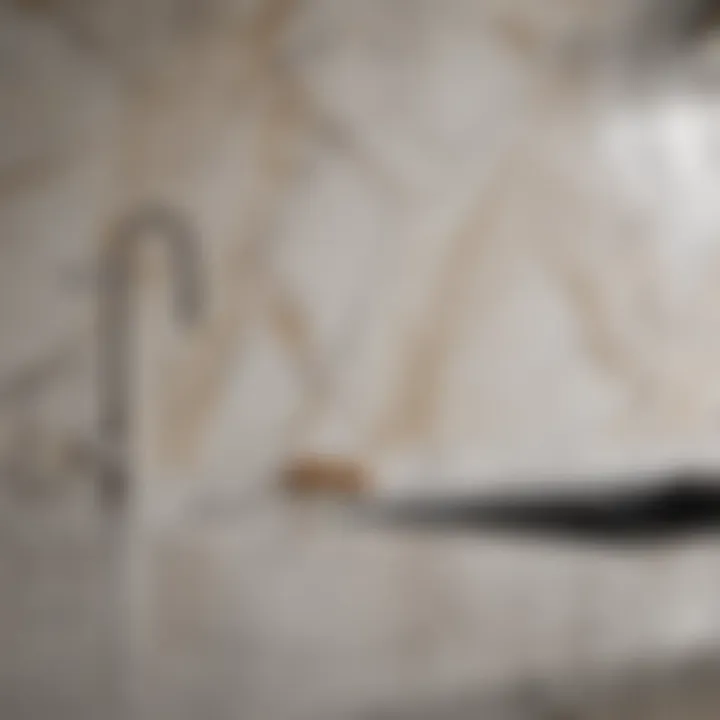 Close-up of intricate marble patterns on a kitchen backsplash