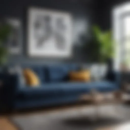 Stylish indie navy sofa in a modern living room