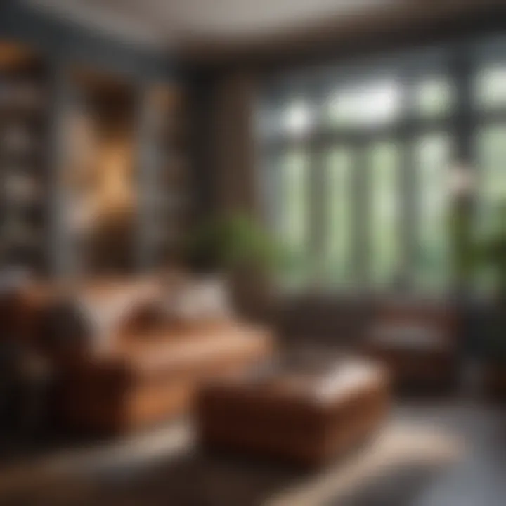 Cozy reading nook with an upholstered ottoman