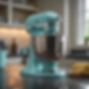 Close-up of Tiffany Blue KitchenAid mixer showcasing its sleek design