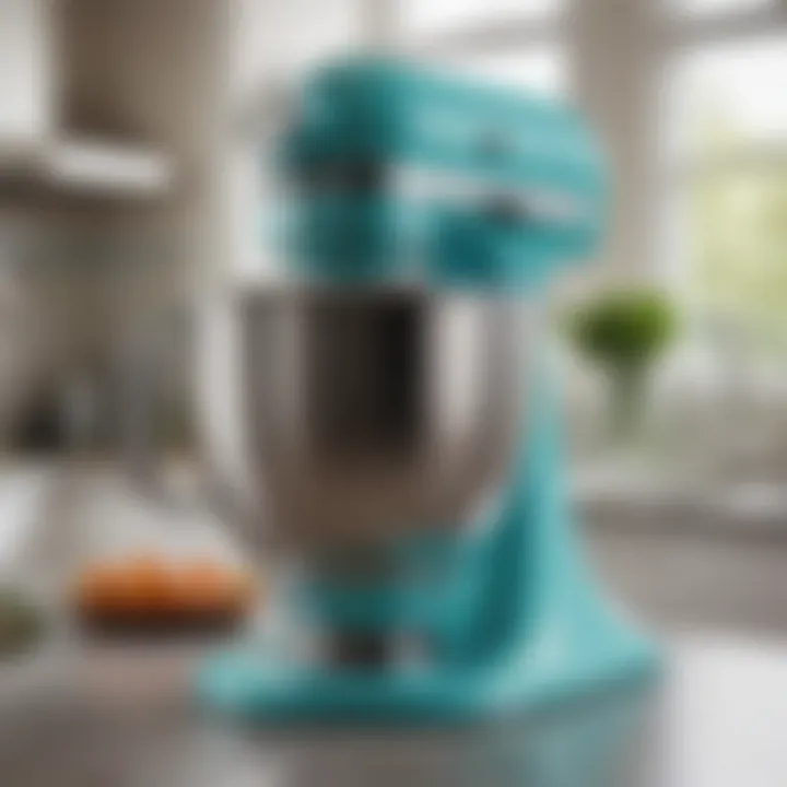 Stylish kitchen featuring a Tiffany Blue KitchenAid mixer as a centerpiece