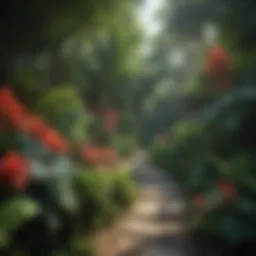 Lush tropical garden with diverse plants and vibrant flowers