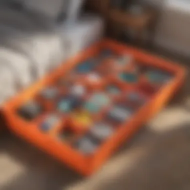 Colorful variety of shallow storage bins organized under a bed