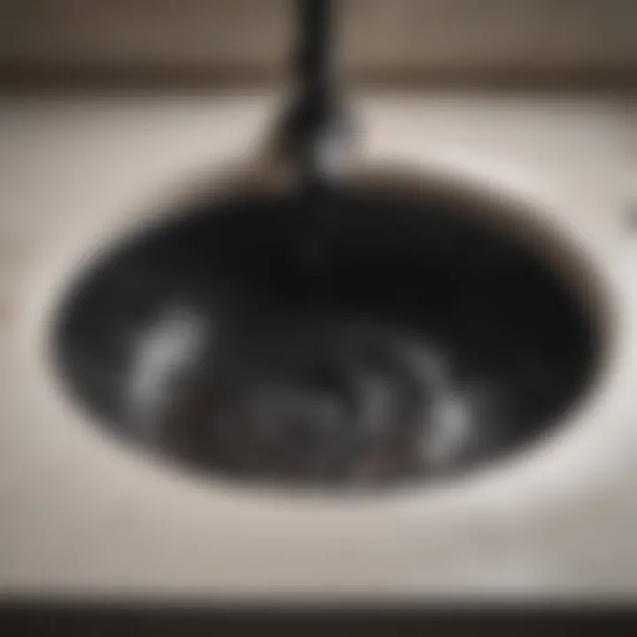 A close-up view of black gunk in a bathroom sink drain, showcasing its texture and color