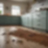 A close-up view of an ant trail leading to a food source in a kitchen.