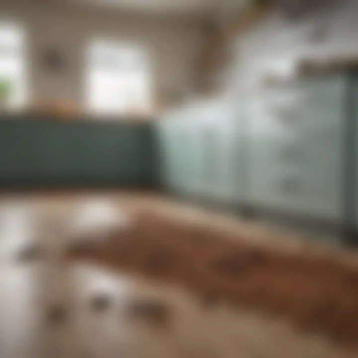 A close-up view of an ant trail leading to a food source in a kitchen.